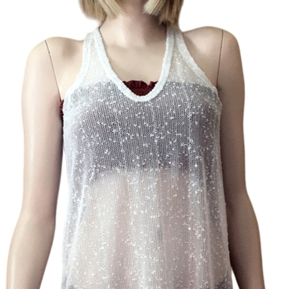 CALVIN Klein Sequin Swimsuit Bikini Coverup White V-Neck Shift Racerback Tank - Picture 10 of 13